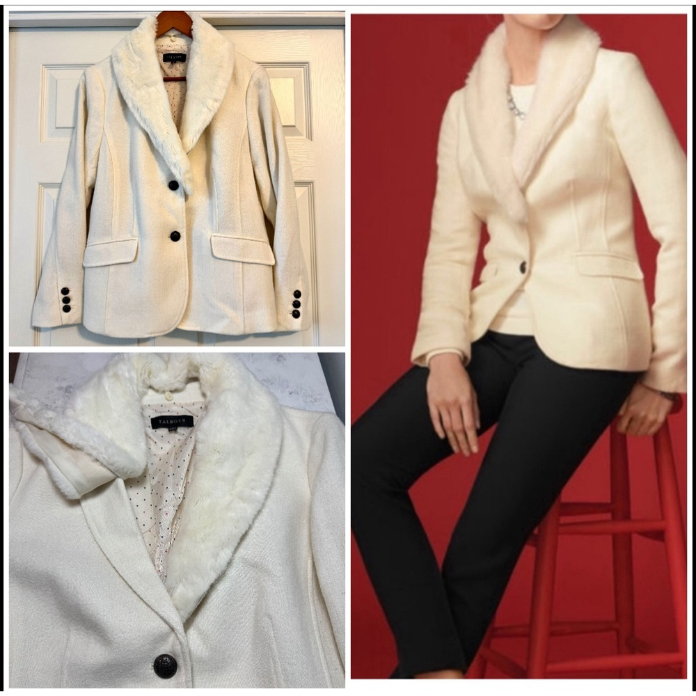 Talbots Cream Faux Fur Blazer Jacket Size 14